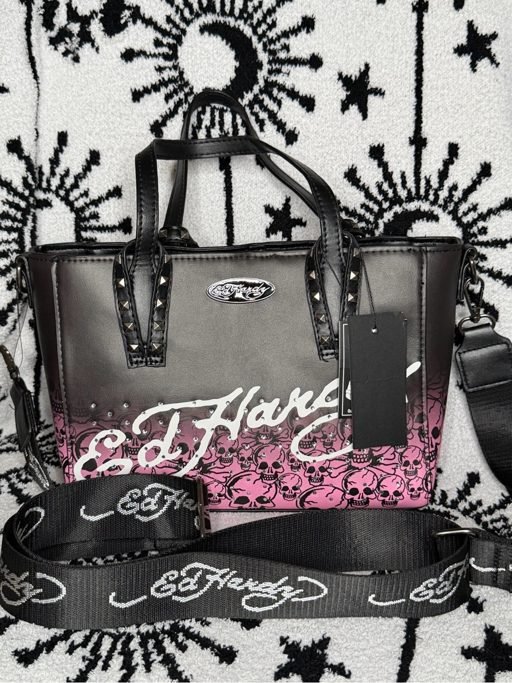 Ed Hardy Black & Purple Bedazzled Skull Mini Satchel Handbag